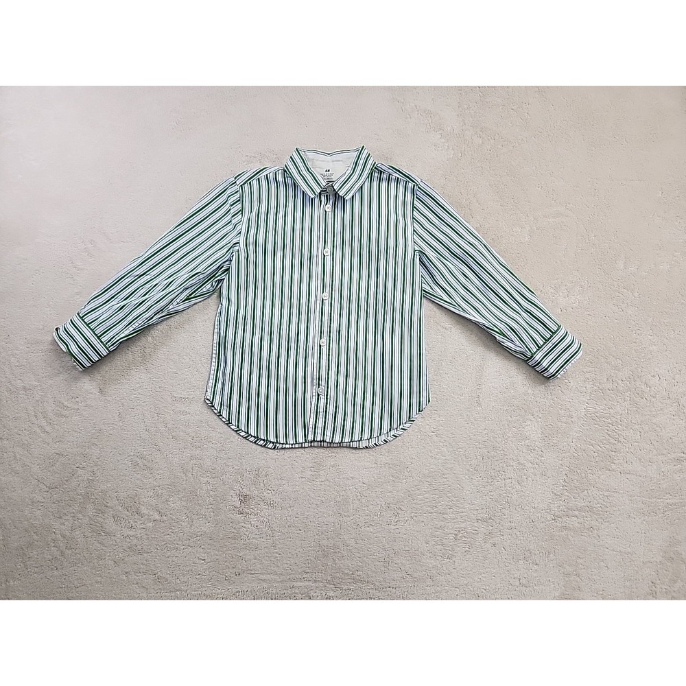 H&M Button Up Long Sleeve Boys‎ Green Stripe Shirt Size 4T